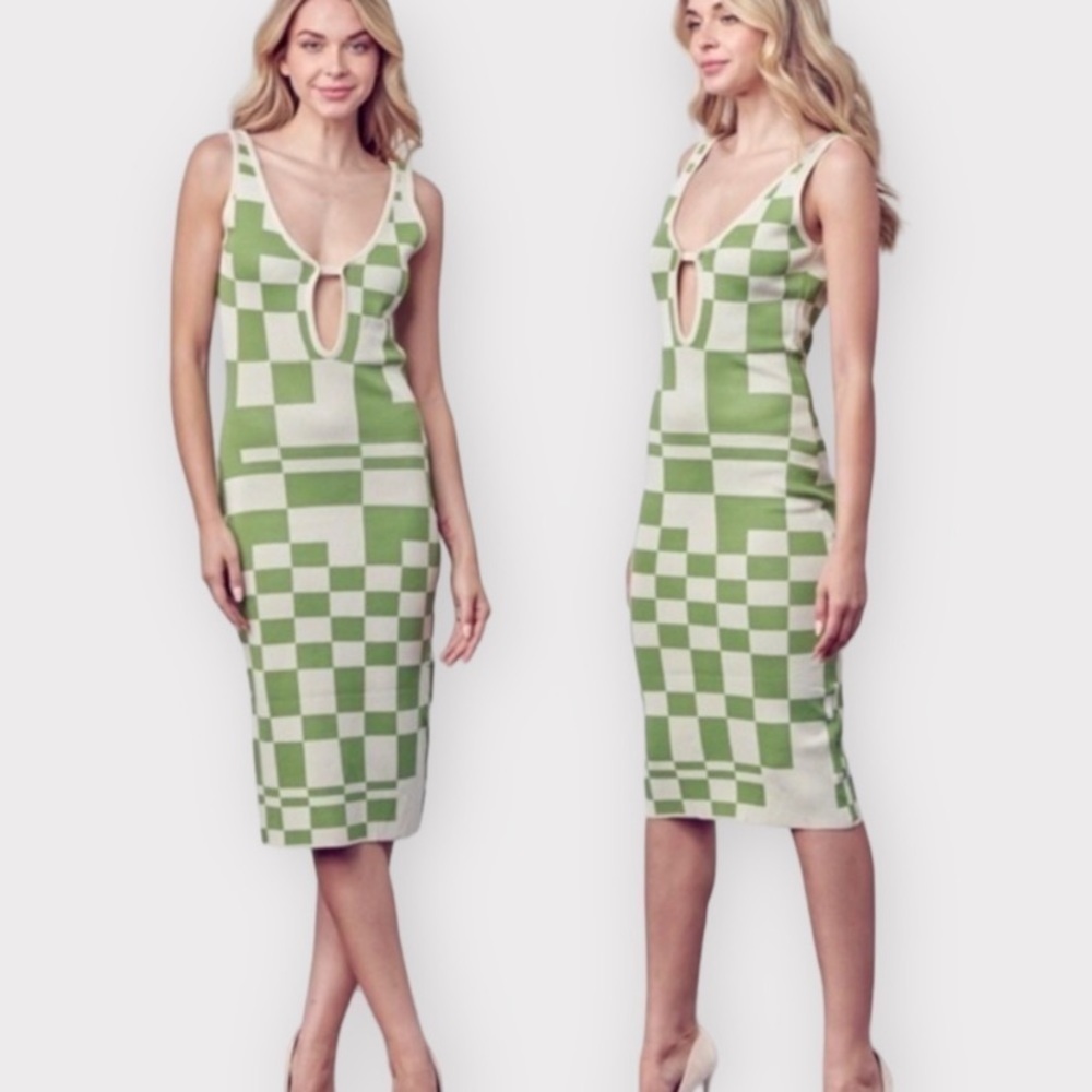 Retro fine knit checkered, backless dress